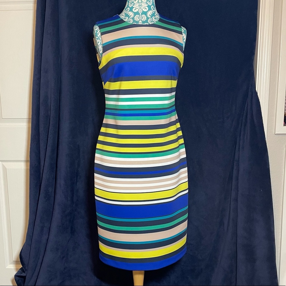 Calvin Klein Blue, Yellow, Green & Tan Striped Midi Dress